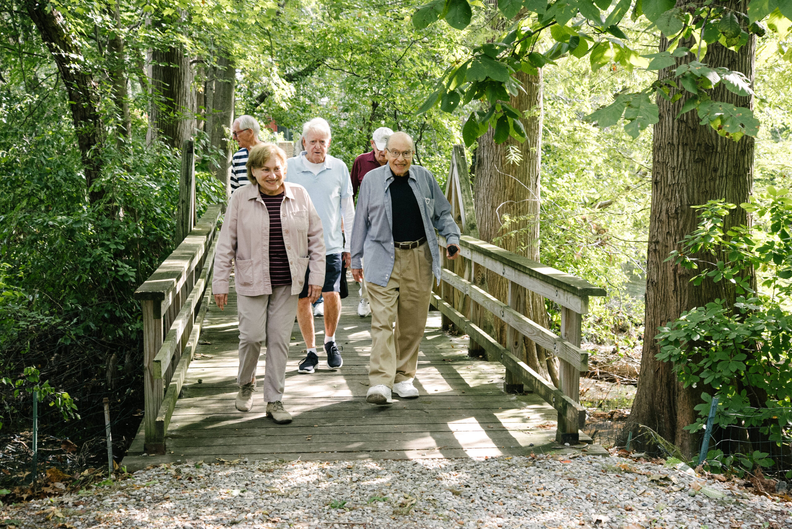 A group of older adults takes a walk through the woods