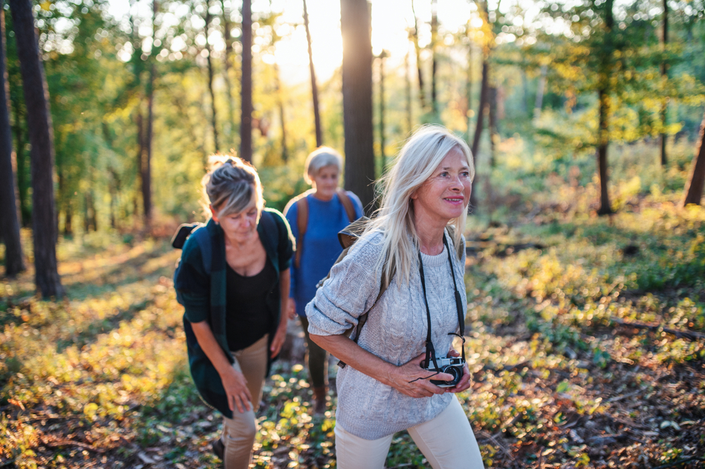 A group of senior women walking through the forest