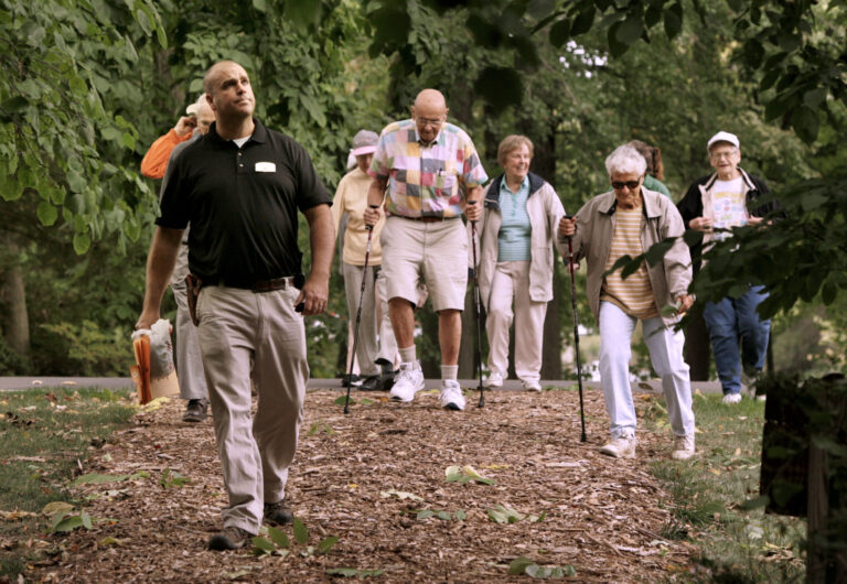 group walking thru forest