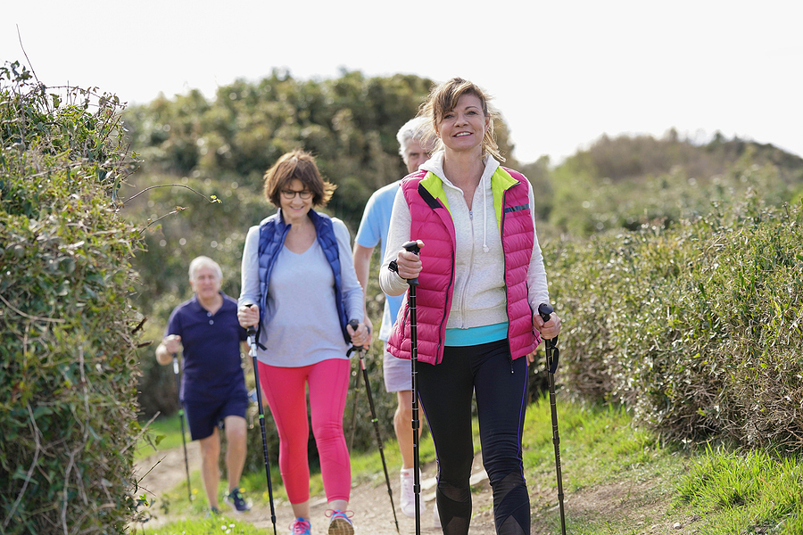 A group of friends hikes with walking poles